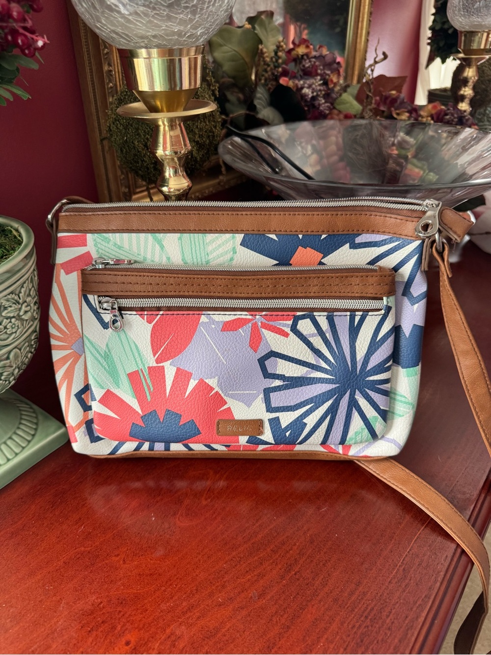 Relic “Oh Happy Day” Multicolor Floral Crossbody with Tan Trim
